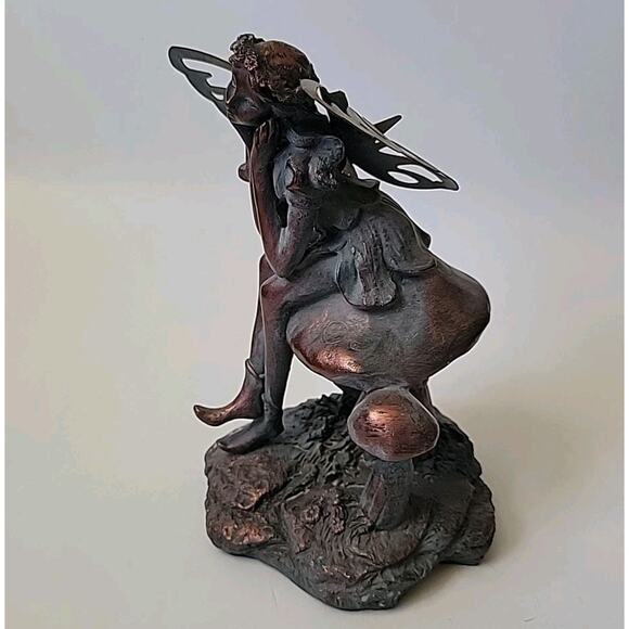 Bronze Resin Seated Fairy Atop Mushroom Caps Figurine Enchanted Fantasy Magical - Picture 2 of 11